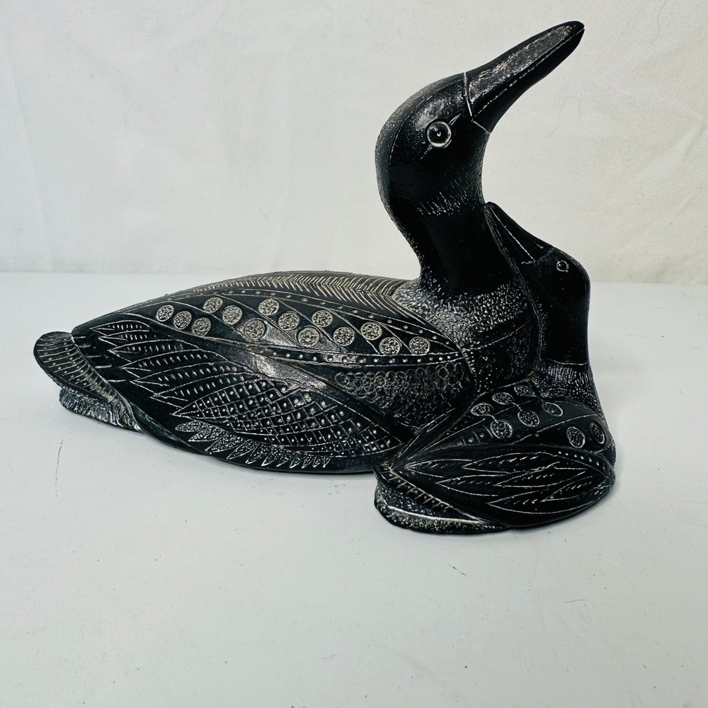 Aardik Collection Loon with Baby Figurine Canada Etched Black Soapstone Style